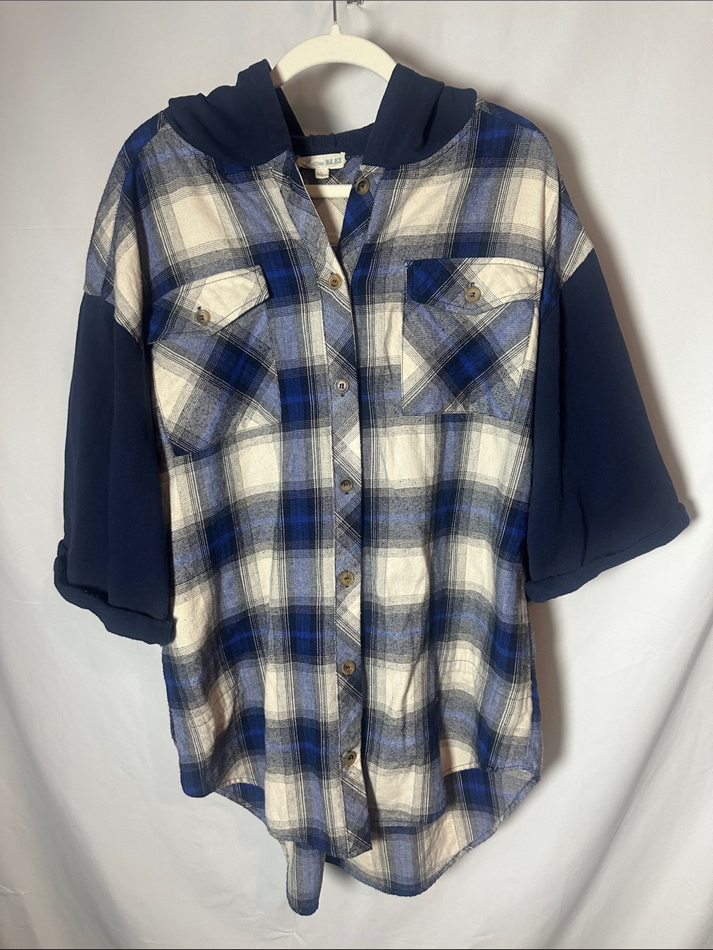 Blue Plaid Button-Down Hooded Shirt - Women's Relaxed Fit